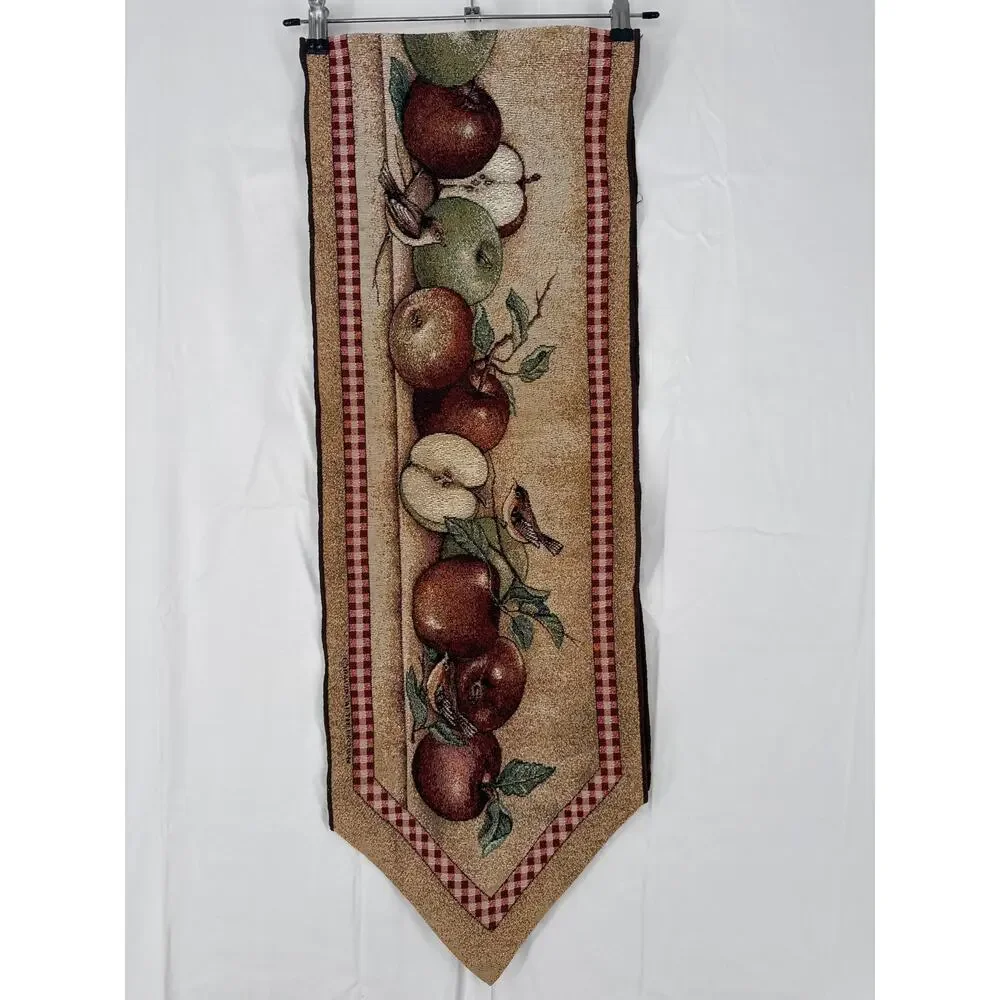 vintage apple and bird tapestry style fabric table runner 70in long